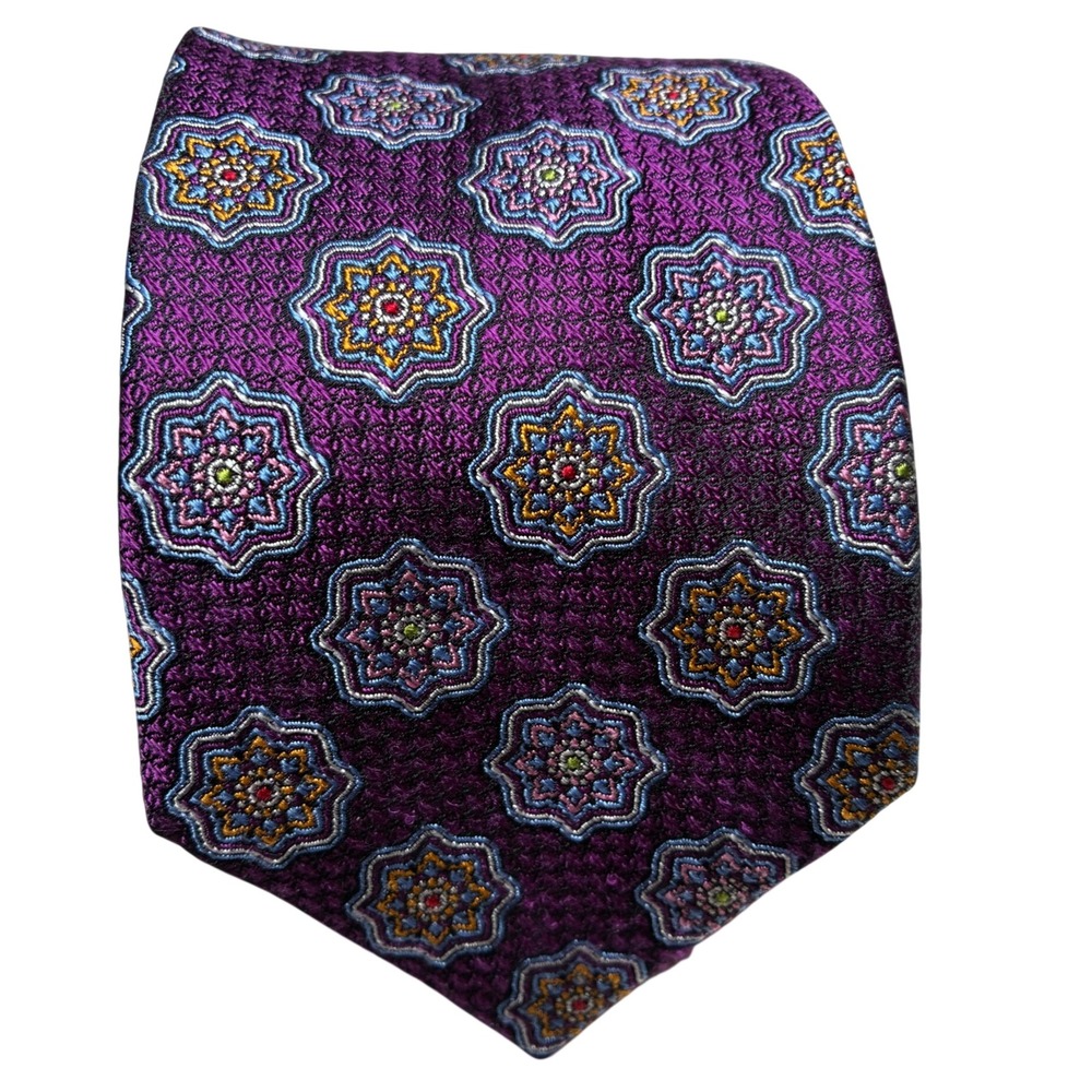 Jos A Bank Signature Gold Silk Tie Purple Geometric Medallion Necktie OS